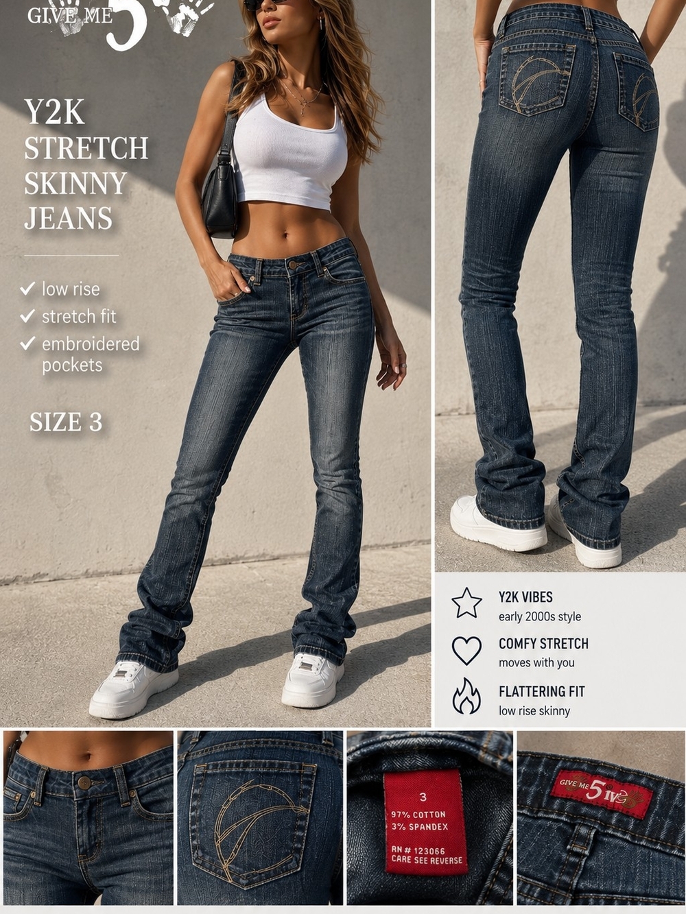 🌟 Y2K Give Me 5 Dark Wash Stretch Skinny Jeans Size 3 🌟